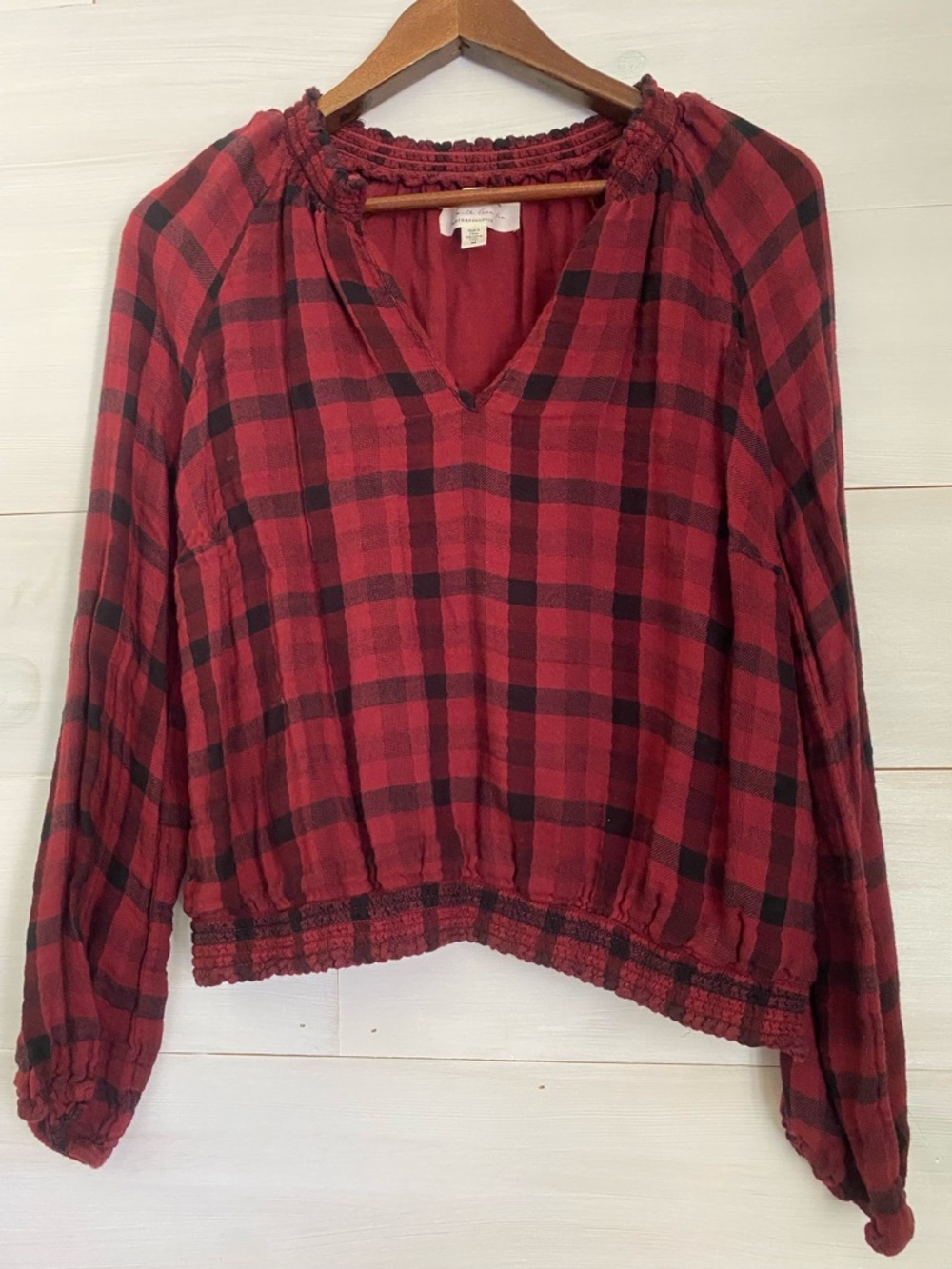 Cloth & Stone Anthropologie Red Buffalo Plaid Smocked Waist Blouse - Medium